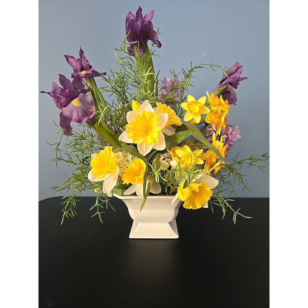 Vintage Metal Flour Sifter With Orange, Yellow and Purple Silk Arrangement